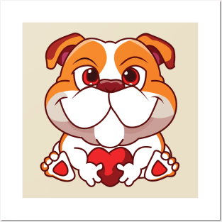 Kawaii Cute Bulldog Holding Heart Posters and Art